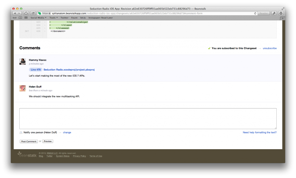Beanstalk Comments on the Web Interface
