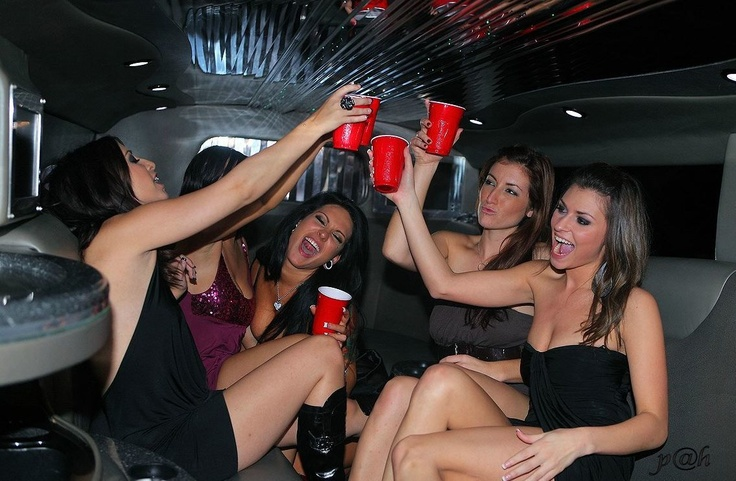 Bachelorettes in Limo with Red Beer Cups