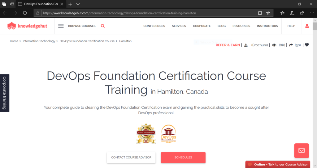 KnowledgeHut DevOps Foundation Course Website Screenshot
