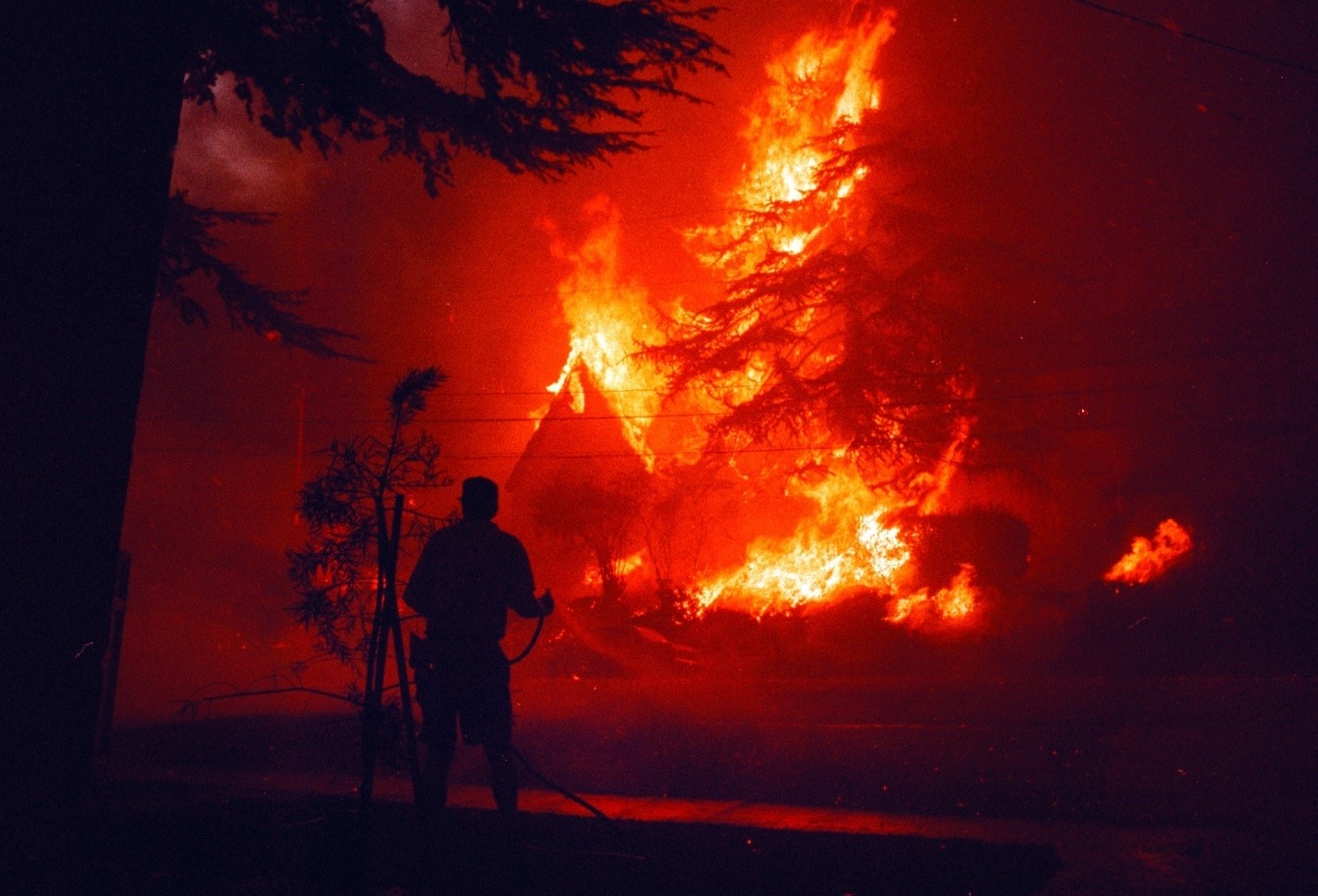 Firefighter in front of blaze