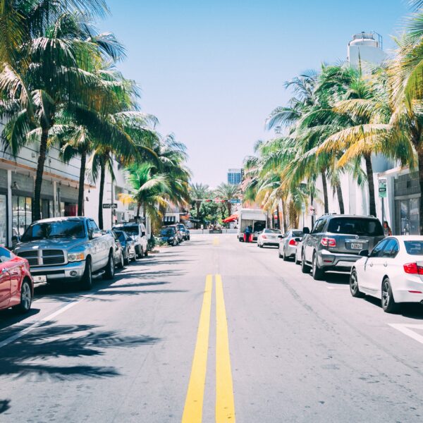 Street with cars parked either side in South Beach, Miami Beach, Florida, USA