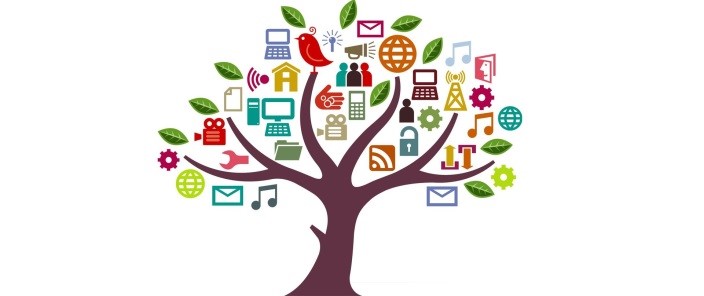 Tree with technology icons as leaves