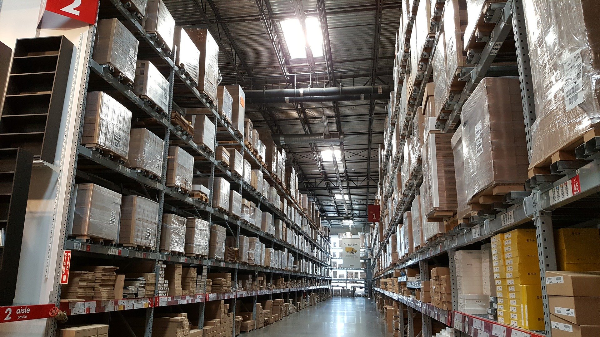 Boxes on shelves in a warehouse