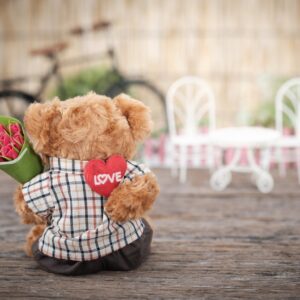 Teddy bear holding flowers