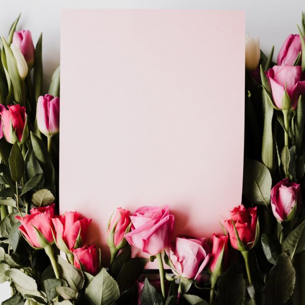 Spring tulips and roses with pink card and room for text