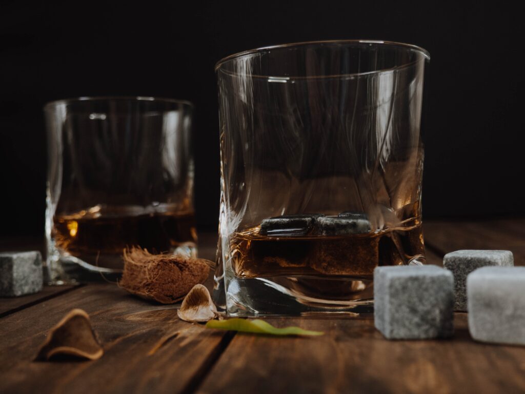 Whiskey in tumblers with whiskey stones