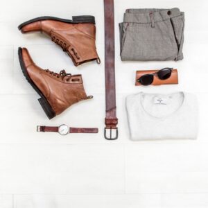 Men's shoes, watch, belt, shirt, trousers and sunglasses