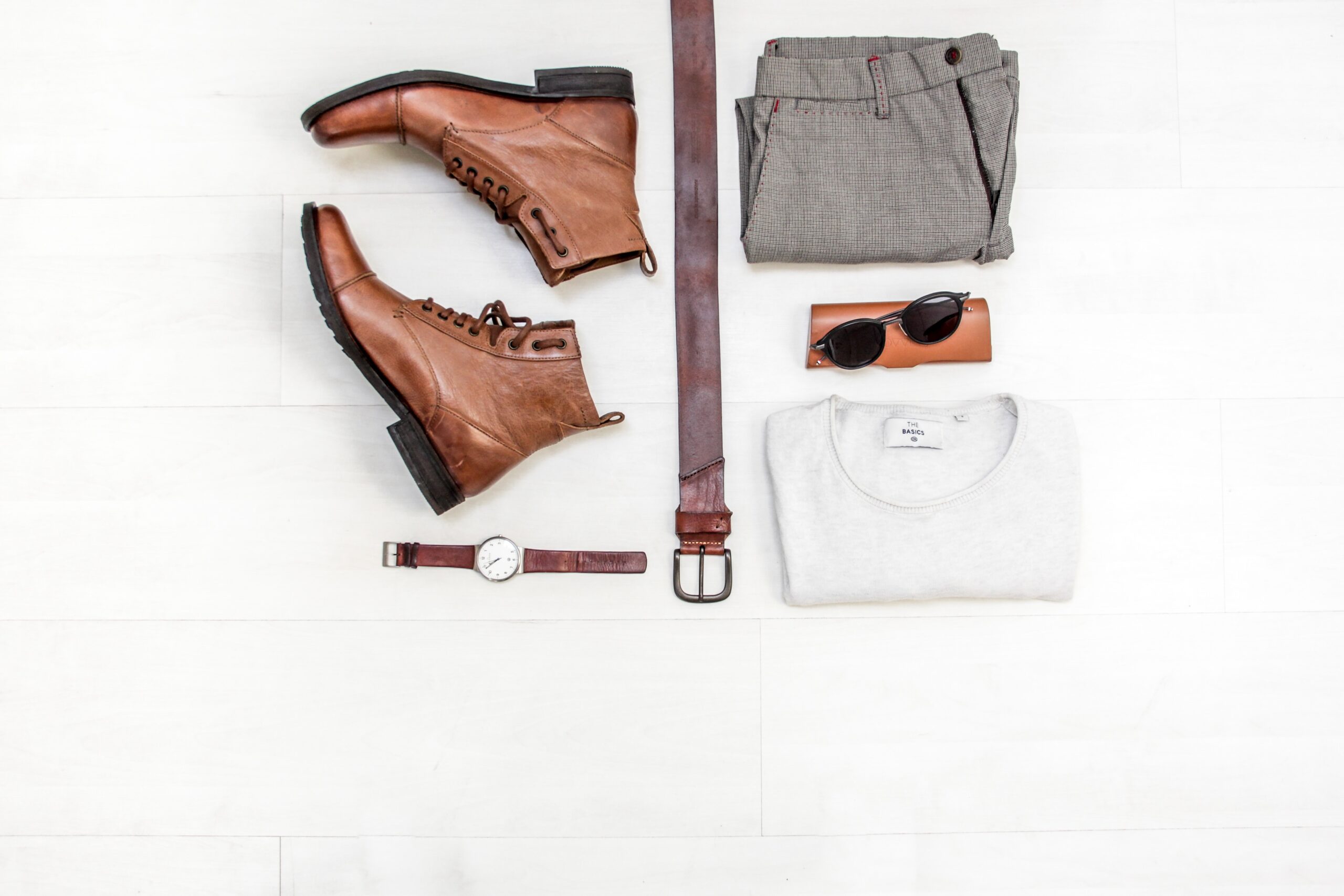 Men's shoes, watch, belt, shirt, trousers and sunglasses