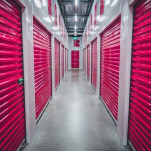 Storage units with red shutters