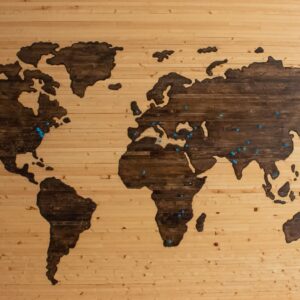 Wooden map of the world with pins indicating where someone has travelled to
