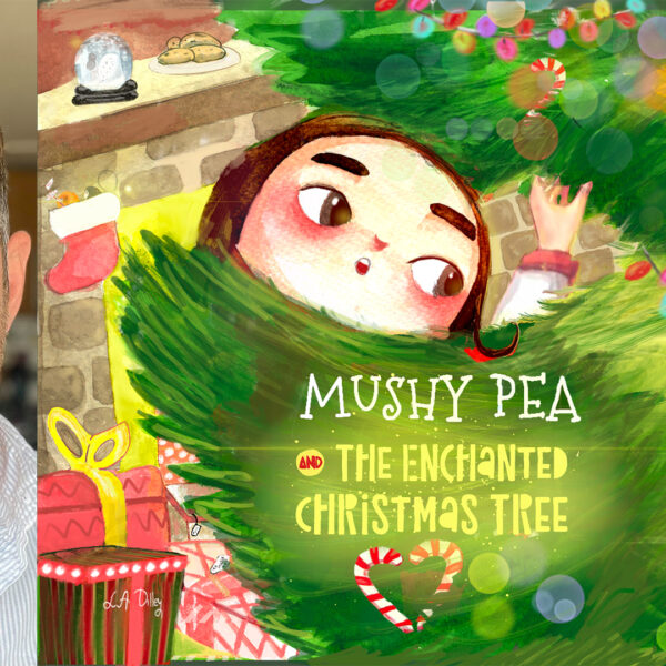 Lee Dilley and the book cover for Mushy Pea and the Enchanted Christmas Tree