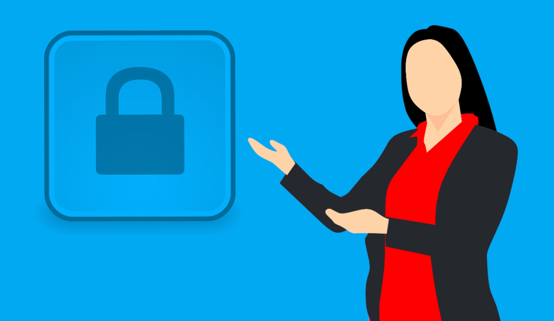 Illustration of a woman pointing hands towards a padlock