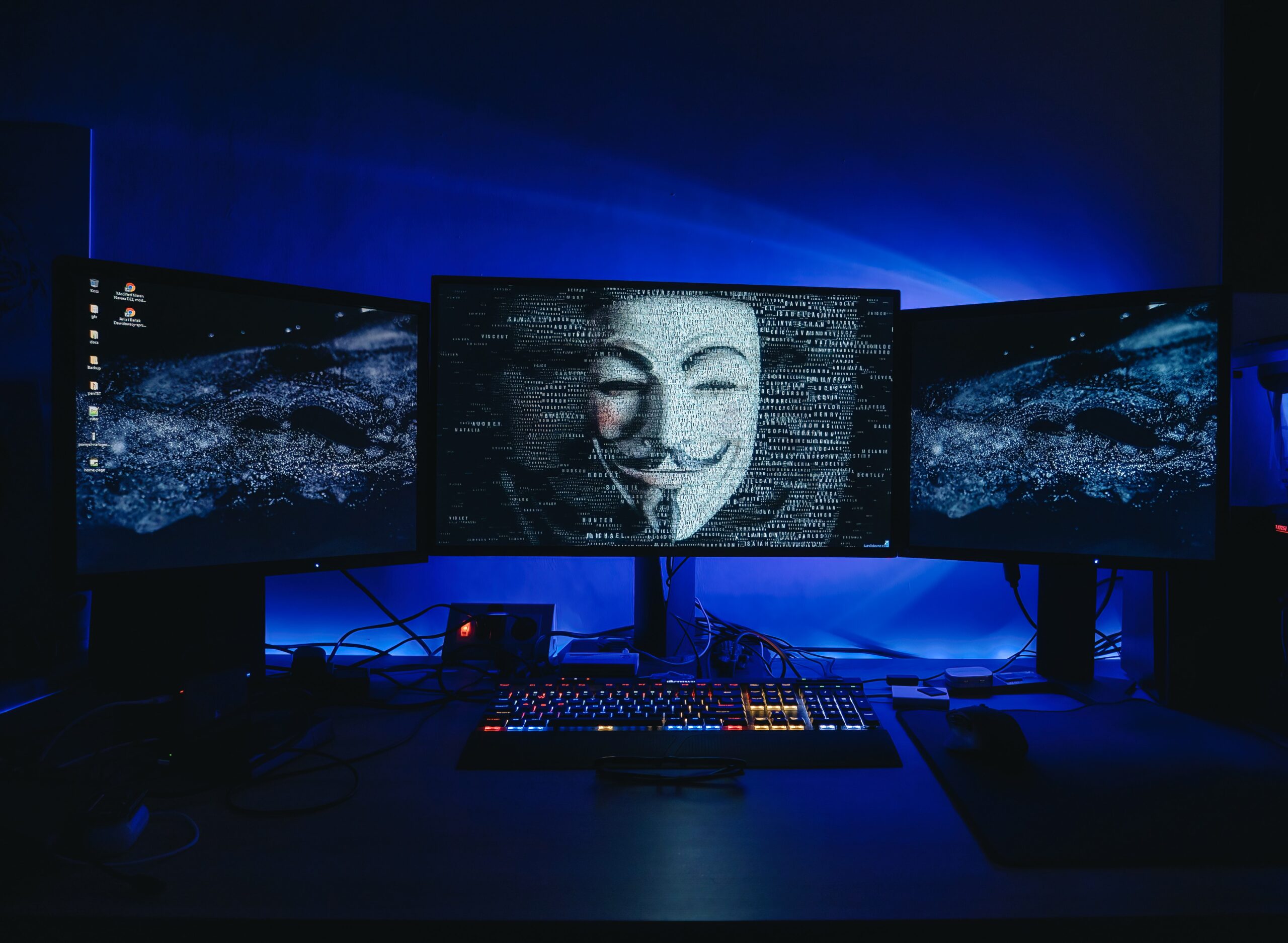 Guy Fawkes mask on a computer screen