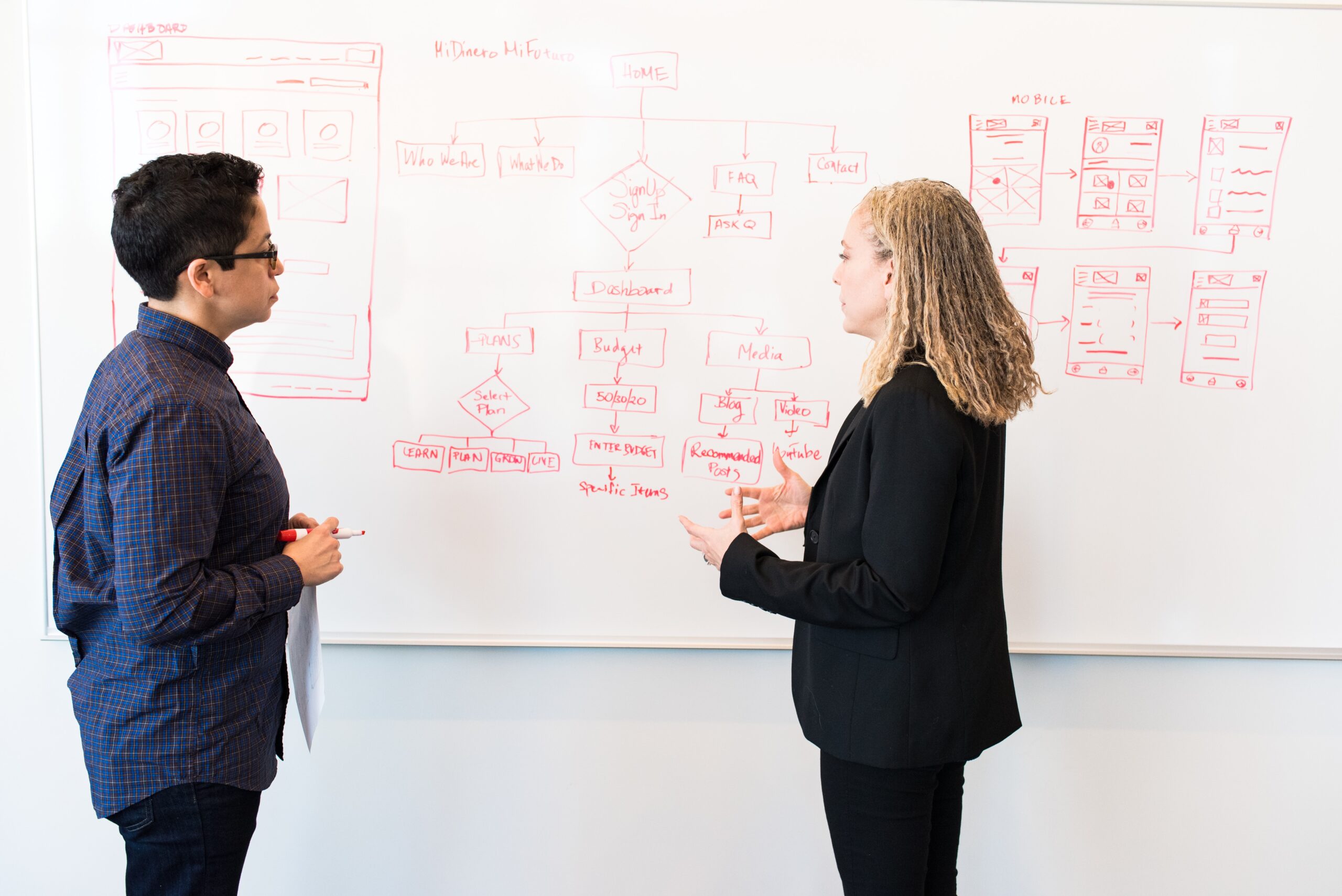 Two women standing in front of a whiteboard