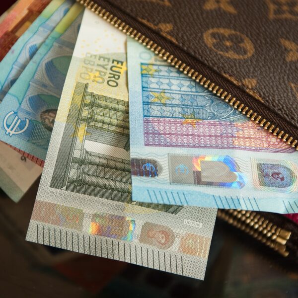 Euro banknotes in a Louis Vuitton wallet