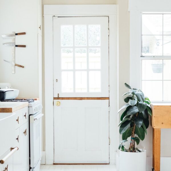 Kitchen with white walls and counters, with a houseplant near the door.
