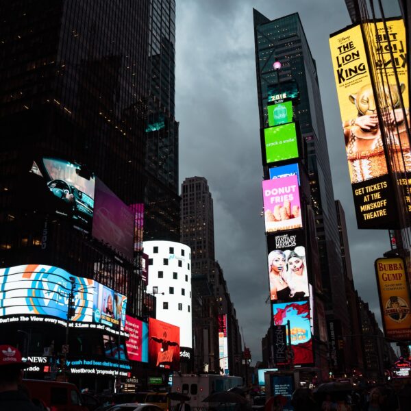 Signs lit up in Times Square, New York