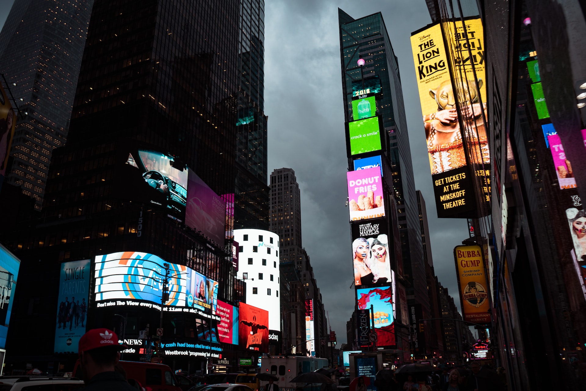 Signs lit up in Times Square, New York