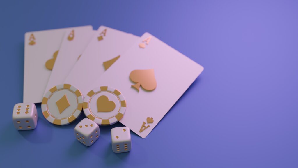 3D render of white and gold playing cards, dice and casino chips