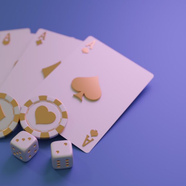 3D render of white and gold playing cards, dice and casino chips