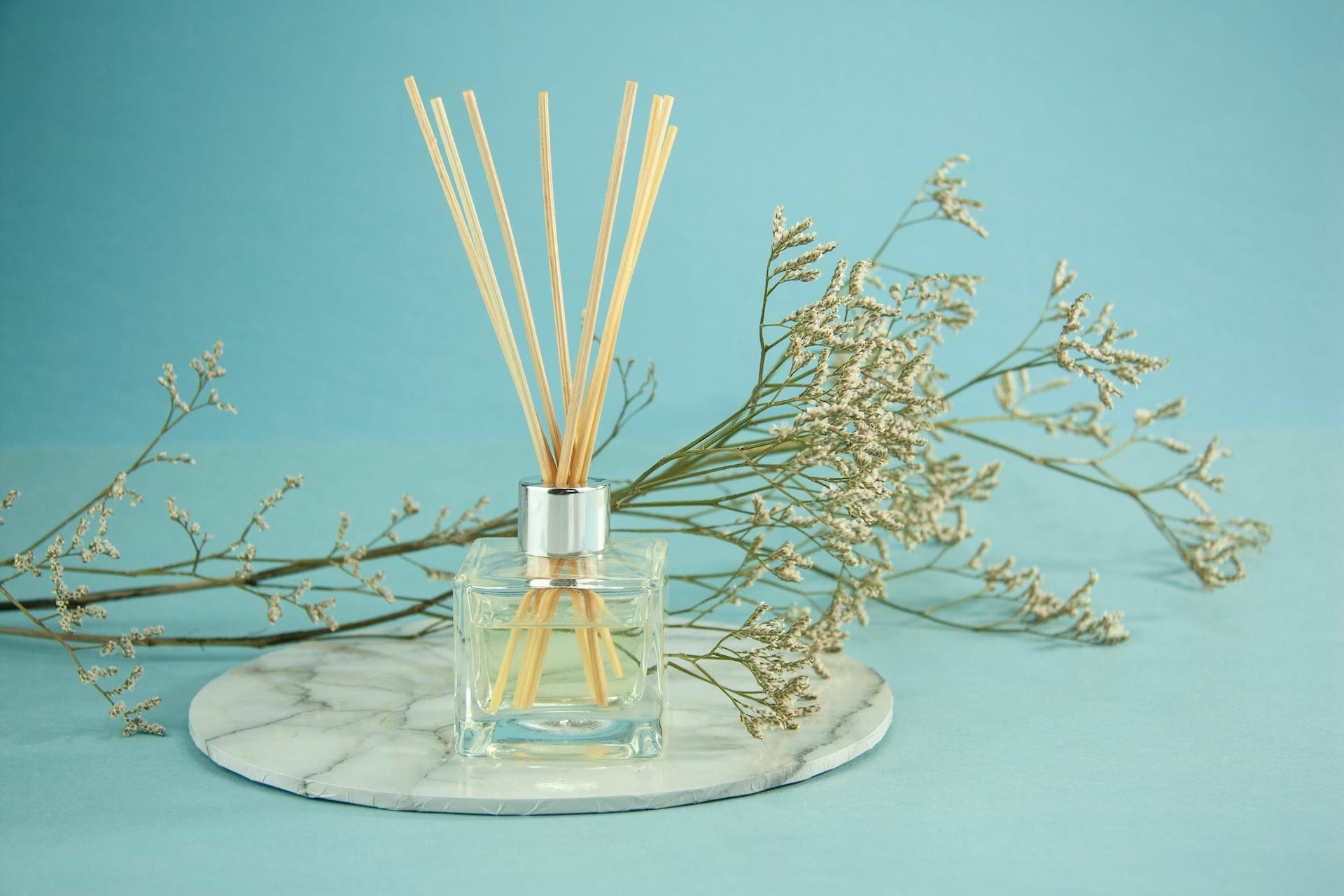 Glass of natural essential oil with sticks, with a white plant and blue background